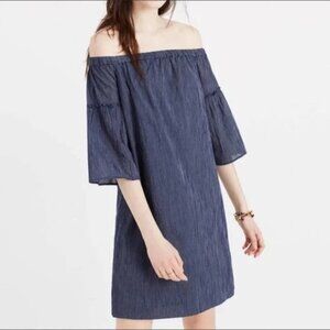 Madewell Striped Bell Sleeve Off the Shoulder Dress Blue Navy 2